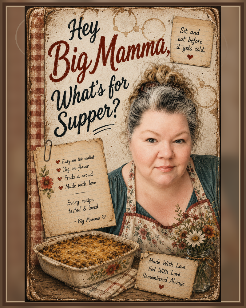 Hey, Big Mamma, what's for supper? cookbook cover featuring Big Mamma, a casserole, handwritten recipe notes, and flowers